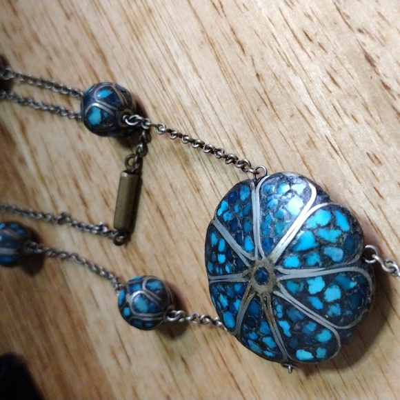 VINTAGE TURQUOISE MOSAIC INLAY  NECKLACE - Picture 6 of 8